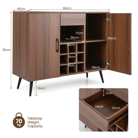 Sleek Server Cabinet with Integrated Wine Rack and Spacious Storage Design in Walnut