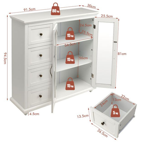 Vintage Accent Buffet Sideboard with Drawers and Tempered Glass Doors in White