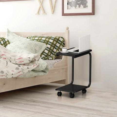 Multipurpose C-Shaped Side Table with Storage Tray and Wheels in Black