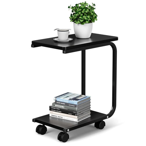 Multipurpose C-Shaped Side Table with Storage Tray and Wheels in Black