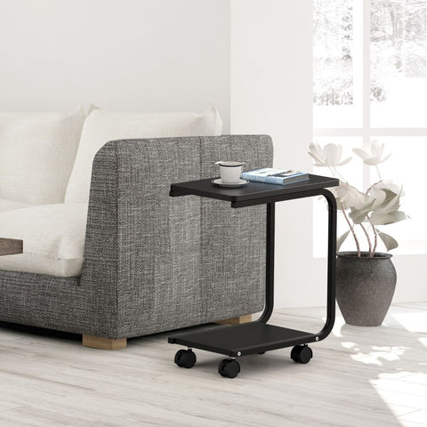 Multipurpose C-Shaped Side Table with Storage Tray and Wheels in Black
