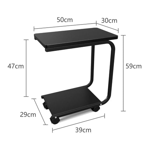 Multipurpose C-Shaped Side Table with Storage Tray and Wheels in Black