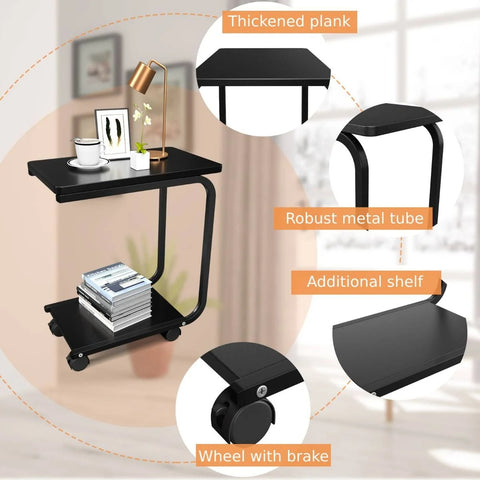 Multipurpose C-Shaped Side Table with Storage Tray and Wheels in Black