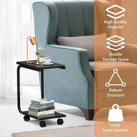 Multipurpose C-Shaped Side Table with Storage Tray and Wheels in Black
