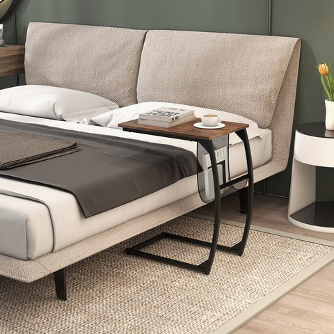 Modern and Compact Side Snack Table with Metal Frame in Brown
