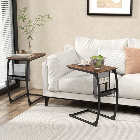 Modern and Compact Side Snack Table with Metal Frame in Brown