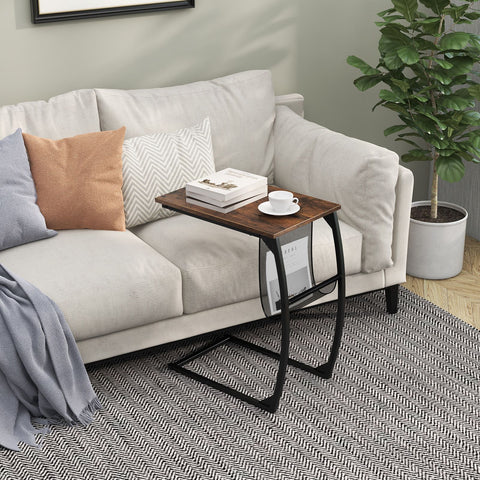 Modern and Compact Side Snack Table with Metal Frame in Brown