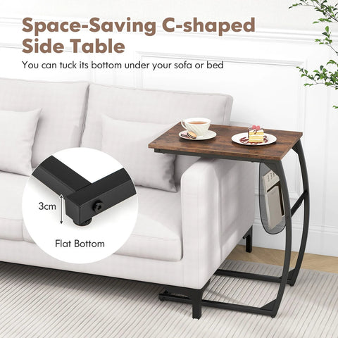 Modern and Compact Side Snack Table with Metal Frame in Brown