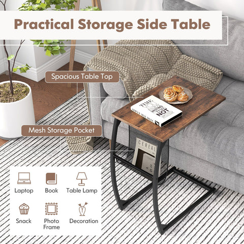 Modern and Compact Side Snack Table with Metal Frame in Brown