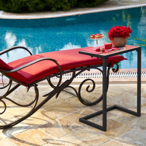 Patio Ceramic Top Side Table with C-Shaped Design and Metal Frame