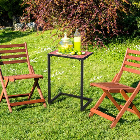 Patio Ceramic Top Side Table with C-Shaped Design and Metal Frame