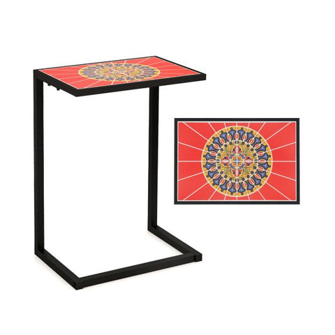 Patio Ceramic Top Side Table with C-Shaped Design and Metal Frame