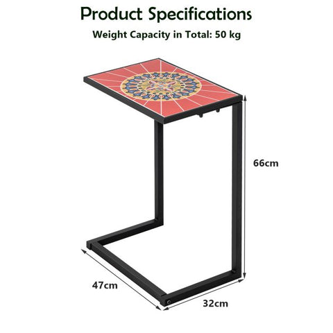 Patio Ceramic Top Side Table with C-Shaped Design and Metal Frame