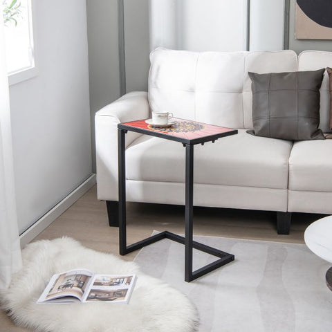 Patio Ceramic Top Side Table with C-Shaped Design and Metal Frame