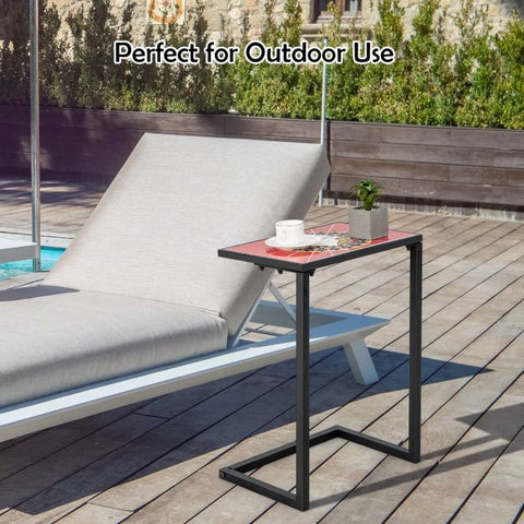 Patio Ceramic Top Side Table with C-Shaped Design and Metal Frame