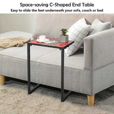 Patio Ceramic Top Side Table with C-Shaped Design and Metal Frame