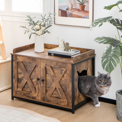 Litter Box Enclosure for Cats with Dual Doors and Adjustable Footpads