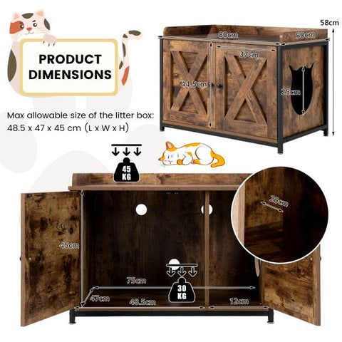 Litter Box Enclosure for Cats with Dual Doors and Adjustable Footpads
