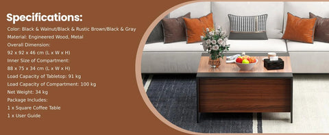 Practical and Stylish Sliding Coffee Table with Square Design and Hidden Storage