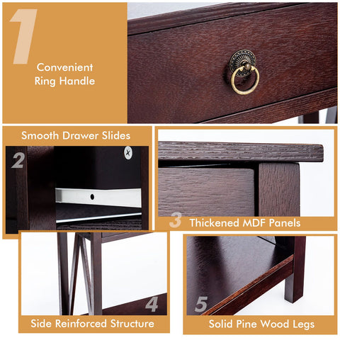 Rugged Versatile Entryway Console Table with Drawers and Storage Shelf in Dark Brown