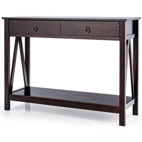 Rugged Versatile Entryway Console Table with Drawers and Storage Shelf in Dark Brown