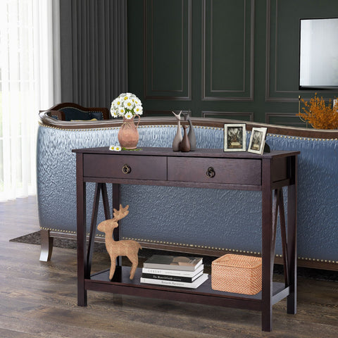 Rugged Versatile Entryway Console Table with Drawers and Storage Shelf in Dark Brown