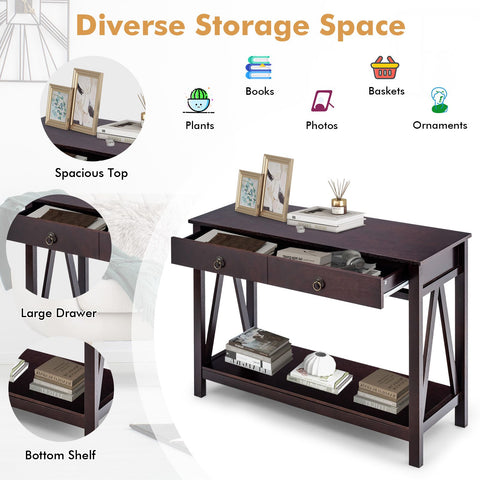 Rugged Versatile Entryway Console Table with Drawers and Storage Shelf in Dark Brown