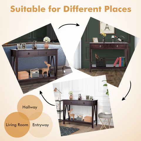 Rugged Versatile Entryway Console Table with Drawers and Storage Shelf in Dark Brown