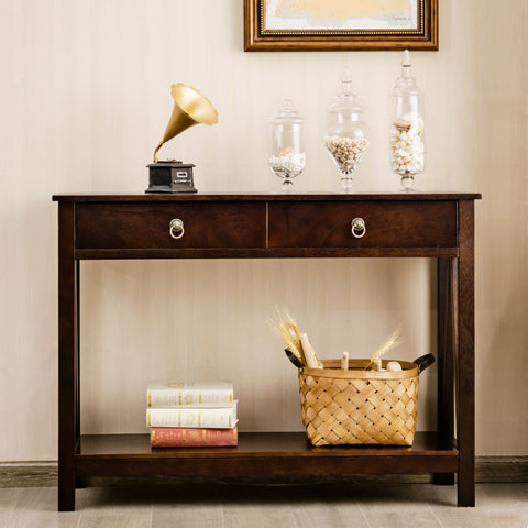Rugged Versatile Entryway Console Table with Drawers and Storage Shelf in Dark Brown