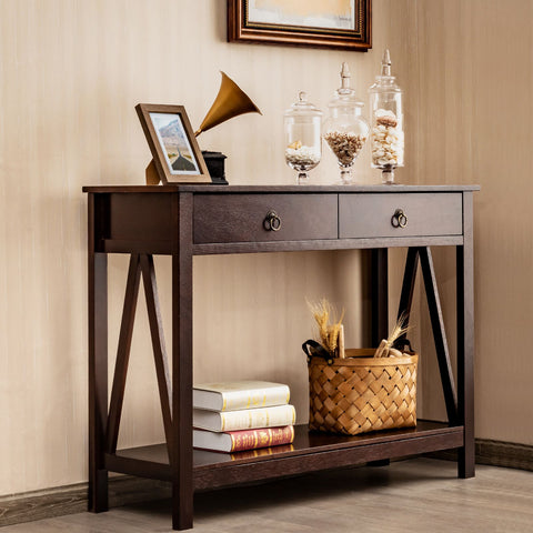 Rugged Versatile Entryway Console Table with Drawers and Storage Shelf in Dark Brown