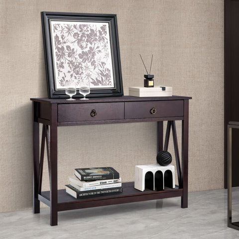 Rugged Versatile Entryway Console Table with Drawers and Storage Shelf in Dark Brown