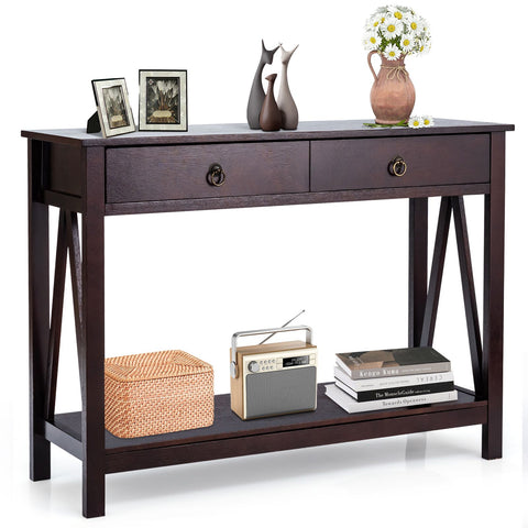 Rugged Versatile Entryway Console Table with Drawers and Storage Shelf in Dark Brown