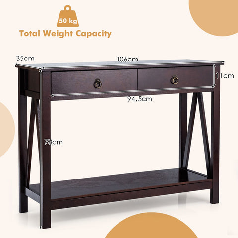 Rugged Versatile Entryway Console Table with Drawers and Storage Shelf in Dark Brown
