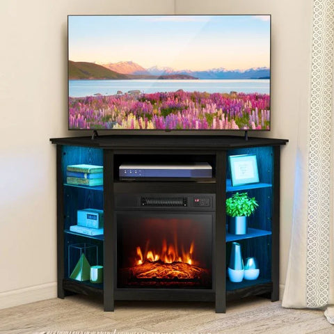 Elegant Spacious TV Stand with LED Lighting and Customizable Fireplace Insert