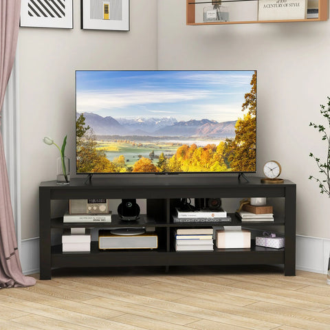 Practical and Spacious TV Stand with Multiple Storage Shelves and Power Outlets