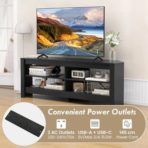 Practical and Spacious TV Stand with Multiple Storage Shelves and Power Outlets