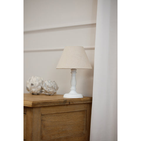 Elegant Oatmeal Linen Table Lamp with a Neutral Washed Wood Base