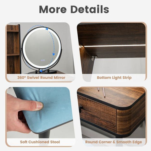 Interactive Dressing Table with Circular Mirror, Charging Station and Stool Model 2
