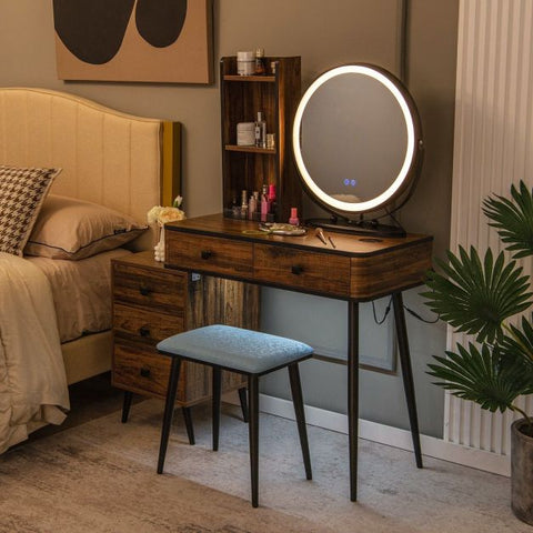 Interactive Dressing Table with Circular Mirror, Charging Station and Stool Model 2