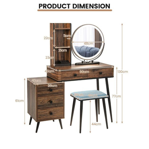 Interactive Dressing Table with Circular Mirror, Charging Station and Stool Model 2