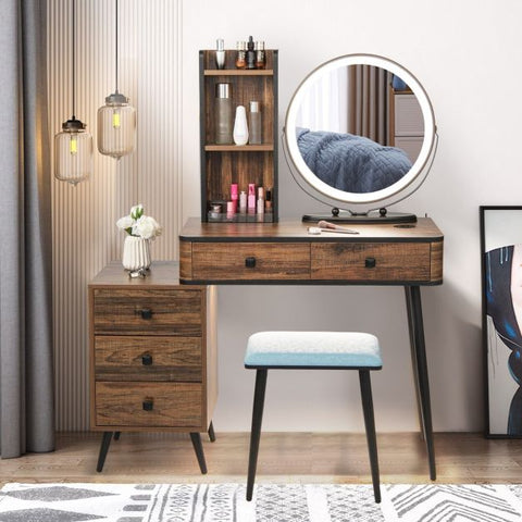 Interactive Dressing Table with Circular Mirror, Charging Station and Stool Model 2