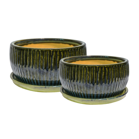 Eye-catching Indoor Round Set of 2 Bonsai Planters in Emerald