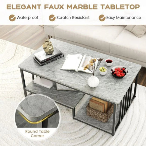 Elegant and Functional Faux Marble Coffee Table with Storage Shelf
