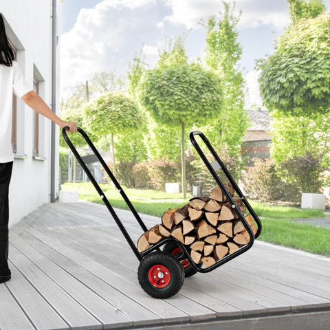 Firewood Organization with a Sturdy Steel Log Rack and Shockproof Rubber Wheels