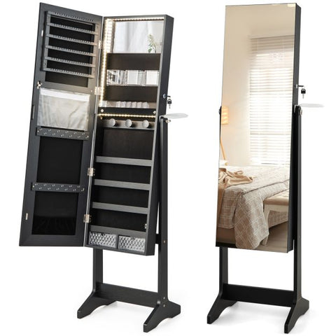 Edgeless Lockable Standing Jewellery Mirror with Storages, Hairdryer Mount, Internal Mirror with LED