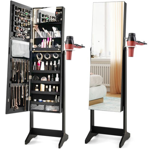 Edgeless Lockable Standing Jewellery Mirror with Storages, Hairdryer Mount, Internal Mirror with LED