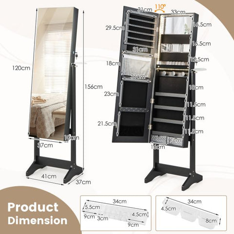 Edgeless Lockable Standing Jewellery Mirror with Storages, Hairdryer Mount, Internal Mirror with LED