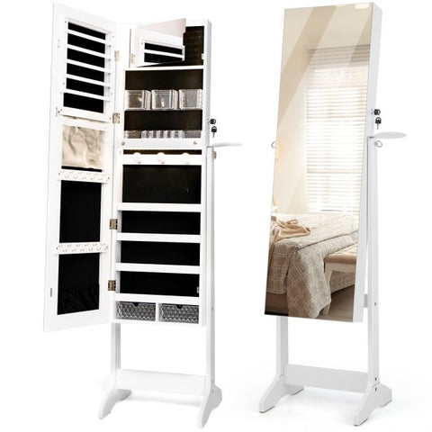Edgeless Lockable Standing Jewellery Mirror with Storages, Hairdryer Mount, Internal Mirror with LED