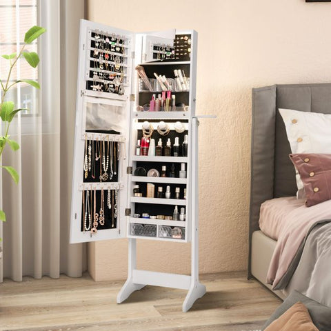 Edgeless Lockable Standing Jewellery Mirror with Storages, Hairdryer Mount, Internal Mirror with LED