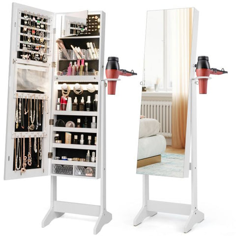 Edgeless Lockable Standing Jewellery Mirror with Storages, Hairdryer Mount, Internal Mirror with LED